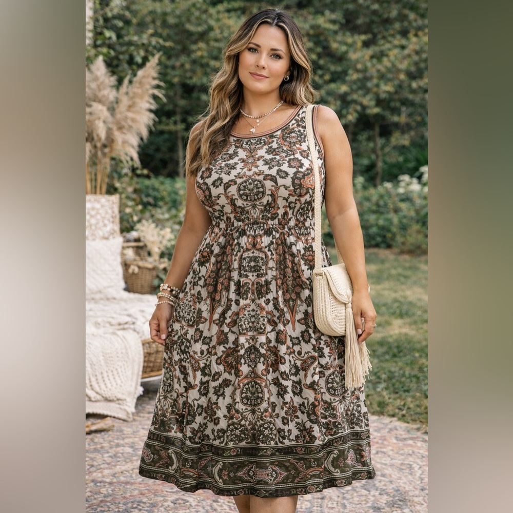 Max Studio Beige Floral Midi Dress with Olive and Rust Accents